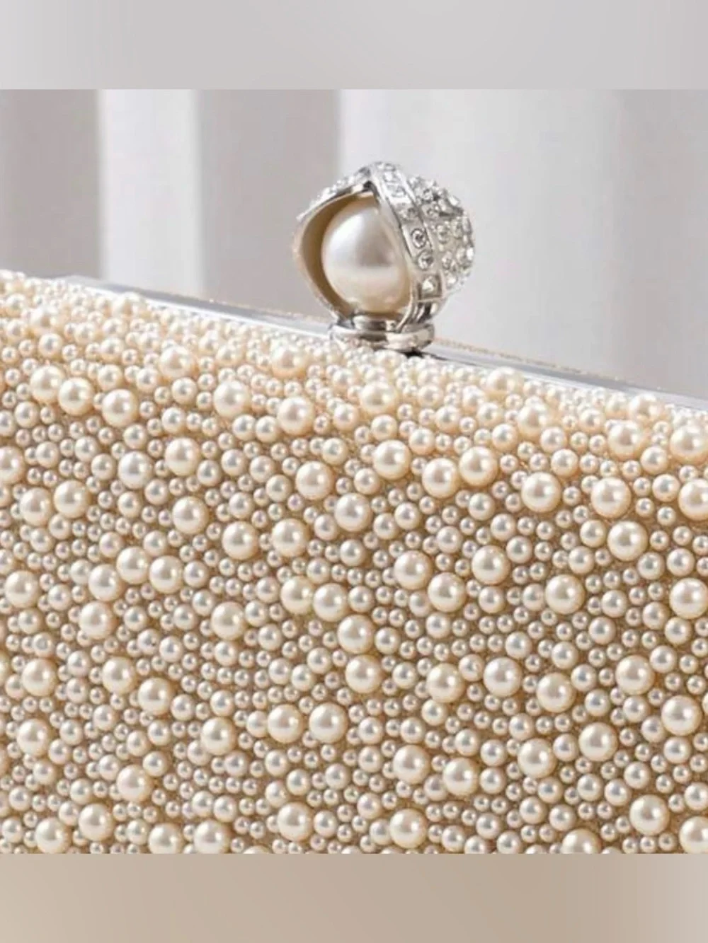 Pearl & Crystal Embellished Clutch - Apricot